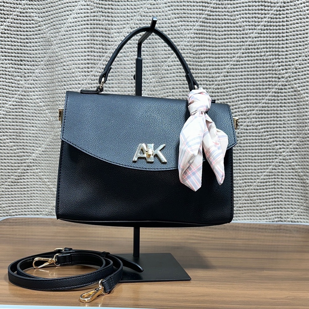 Anne Klein Black Top-Handle Satchel with Plaid Scarf Accent